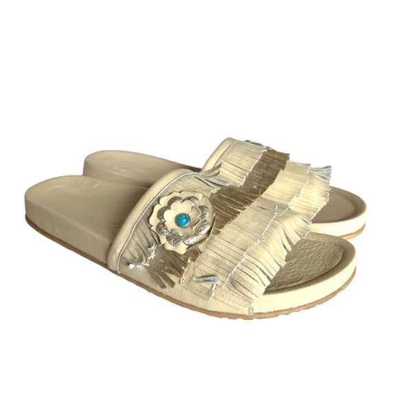 Manitobah Wasaga Fringe Slide US 10 Metallic Cream Turquoise Flower New - Picture 3 of 11